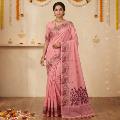 Cotton Mor Woven Saree — Pink — Tyohar — flat lay