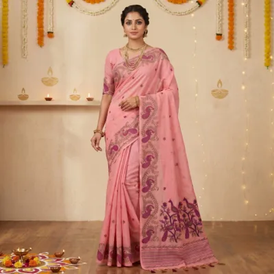Cotton Mor Woven Saree — Pink — Tyohar — flat lay