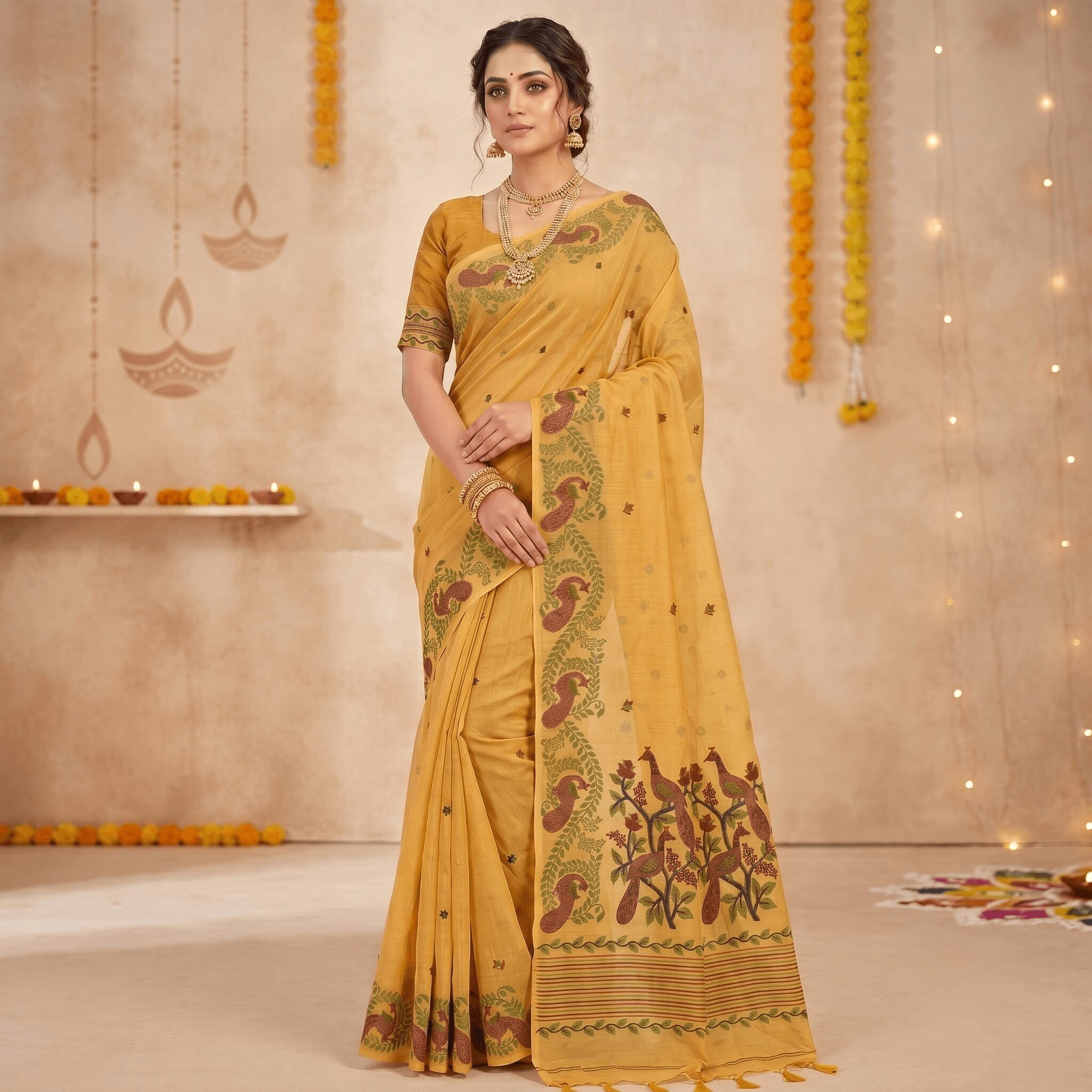 Cotton Mor Woven Saree — Lemon Yellow — Tyohar — flat lay