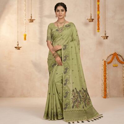 Cotton Mor Woven Saree — Lime Green — Tyohar — flat lay