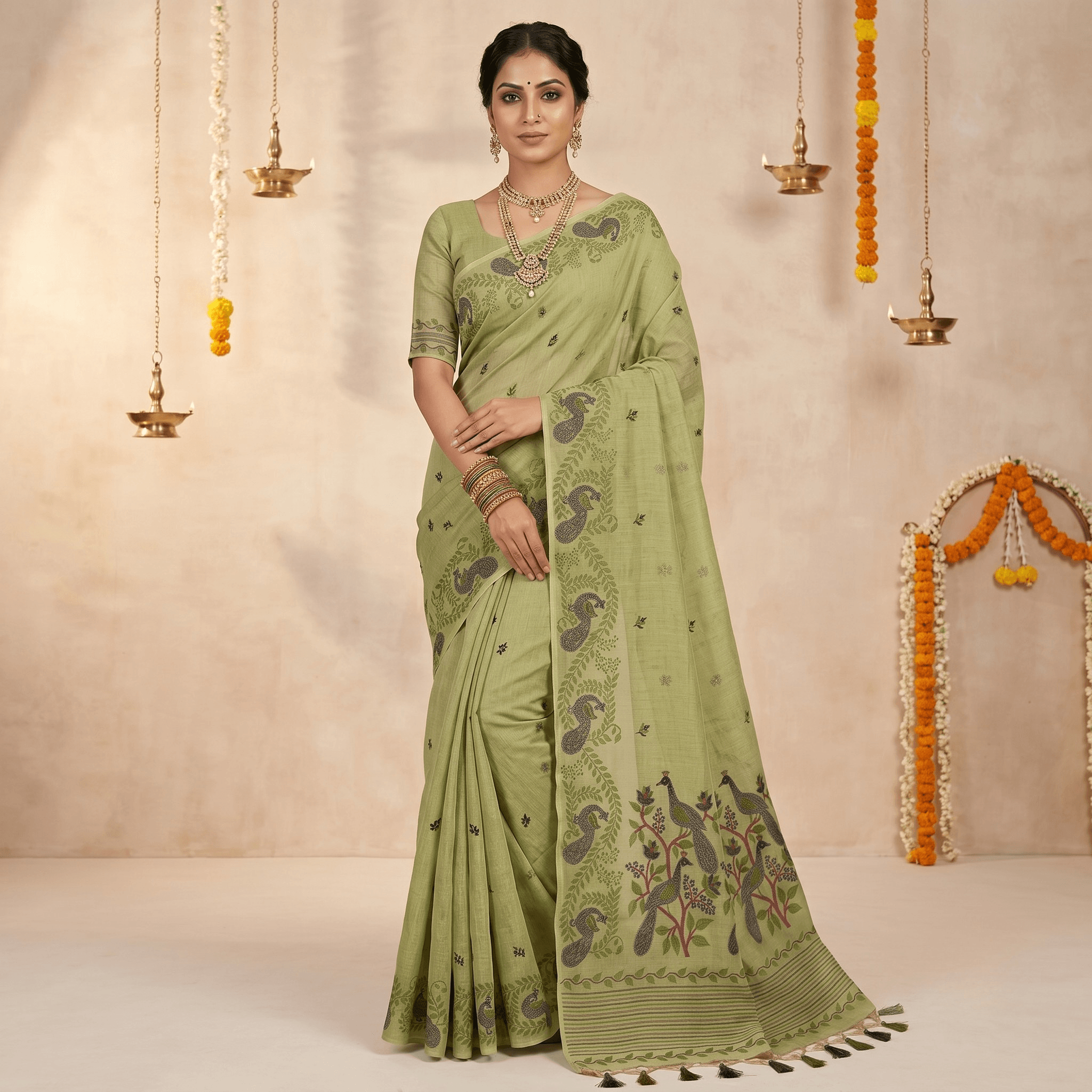 Cotton Mor Woven Saree — Lime Green — Tyohar — flat lay