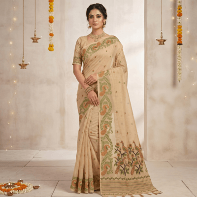 Cotton Mor Woven Saree — Beige — Tyohar — flat lay
