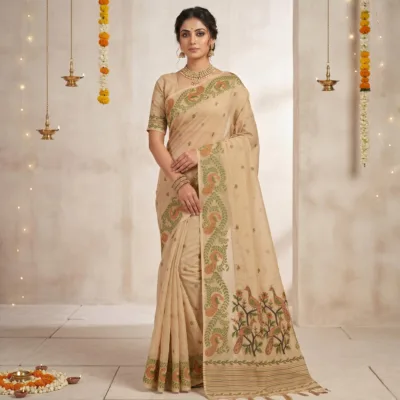 Cotton Mor Woven Saree — Beige — Tyohar — flat lay