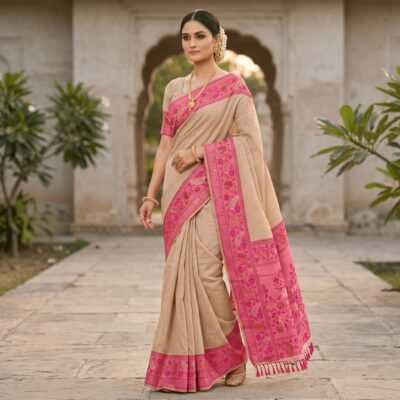 Cotton Plain Saree with Woven Border — Pink — Aarambh — flat lay
