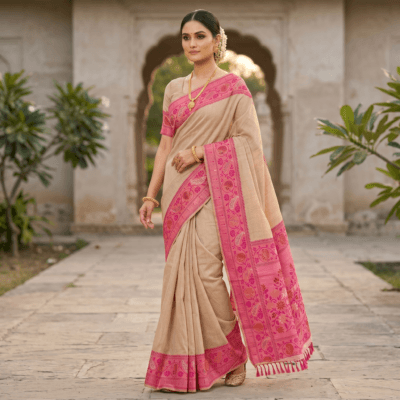 Cotton Plain Saree with Woven Border — Pink — Aarambh — flat lay