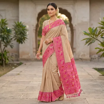 Cotton Plain Saree with Woven Border — Pink — Aarambh — flat lay