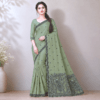 Cotton Kalamkari Woven Saree — Green — Daftar — flat lay