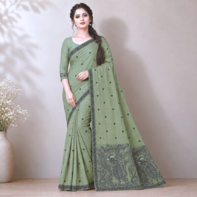 Cotton Kalamkari Woven Saree — Green — Daftar — flat lay