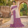 Cotton Plain Saree with Woven Border — Purple — Aarambh — flat lay