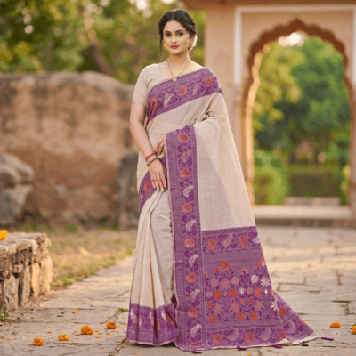 Cotton Plain Saree with Woven Border — Purple — Aarambh — flat lay