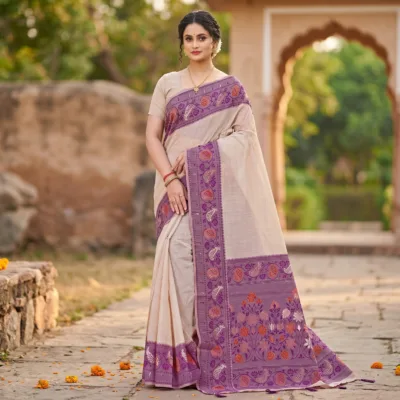 Cotton Plain Saree with Woven Border — Purple — Aarambh — flat lay