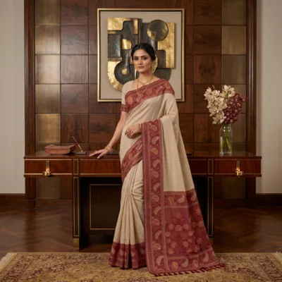 Cotton Plain Saree with Woven Border — Maroon — Aarambh — flat lay