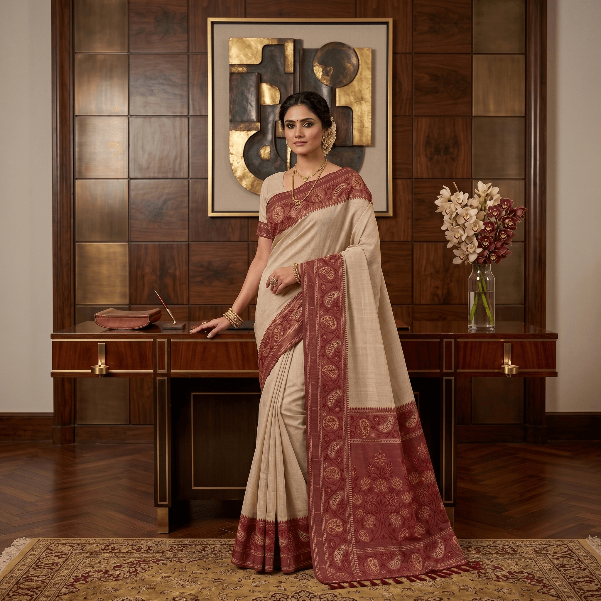 Cotton Plain Saree with Woven Border — Maroon — Aarambh — flat lay