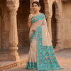 Cotton Plain Saree with Woven Border — Sky Blue — Aarambh — flat lay