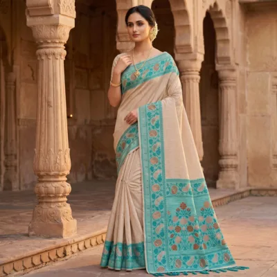 Cotton Plain Saree with Woven Border — Sky Blue — Aarambh — flat lay