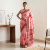 Kota Doria Floral Print Saree — Peach — Rozana — flat lay