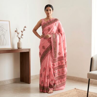 Kota Doria Floral Print Saree — Peach — Rozana — flat lay