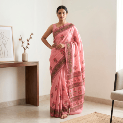 Kota Doria Floral Print Saree — Peach — Rozana — flat lay