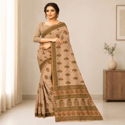 Kota Doria Floral Print Saree — Mustard Yellow — Rozana — flat lay