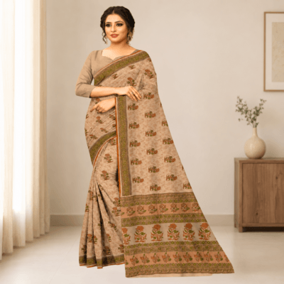 Kota Doria Floral Print Saree — Mustard Yellow — Rozana — flat lay