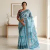 Kota Doria Floral Print Saree — Sky Blue — Rozana — flat lay