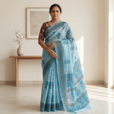 Kota Doria Floral Print Saree — Sky Blue — Rozana — flat lay