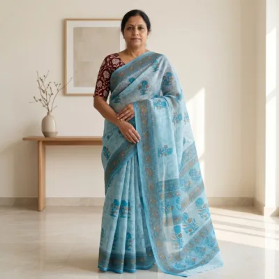 Kota Doria Floral Print Saree — Sky Blue — Rozana — flat lay