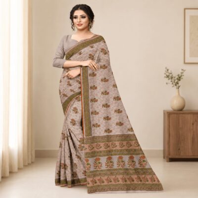 Kota Doria Floral Print Saree — Beige — Rozana — flat lay