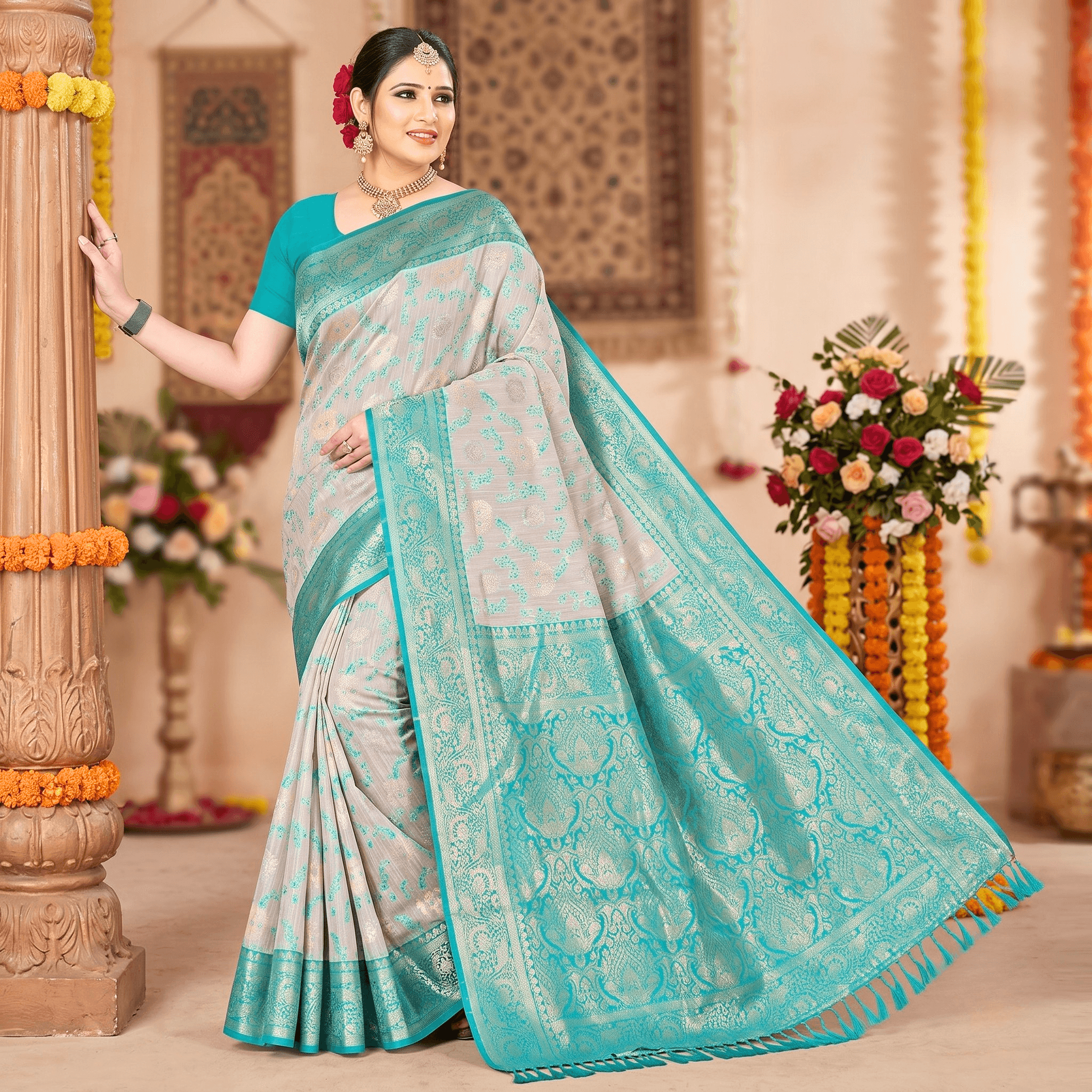 Cotton Geometric Bel Woven Saree — Peacock Blue