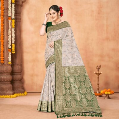 Cotton Geometric Bel Woven Saree — Leaf Green
