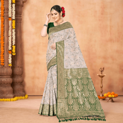 Cotton Geometric Bel Woven Saree — Leaf Green