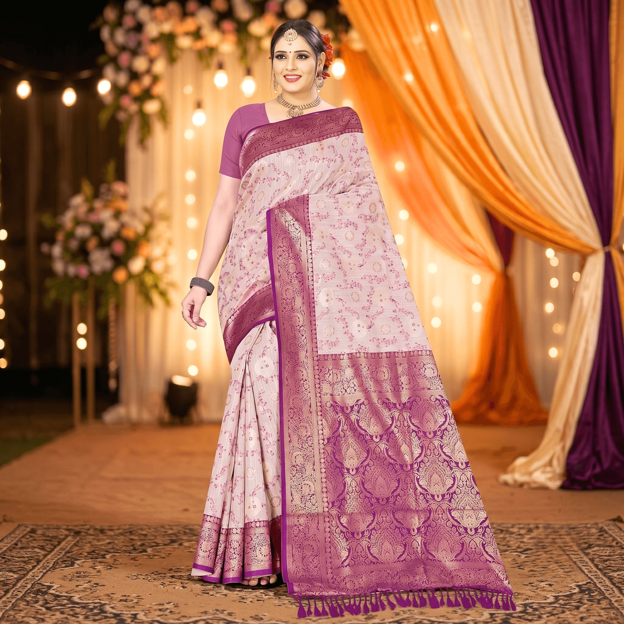 Cotton Geometric Bel Woven Saree — Violet