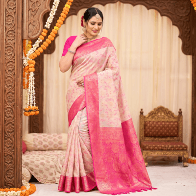Cotton Geometric Bel Woven Saree — Rani Pink