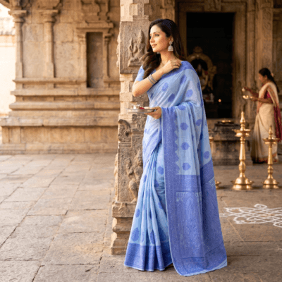 Cotton Bouquet Woven Saree — Dark Blue