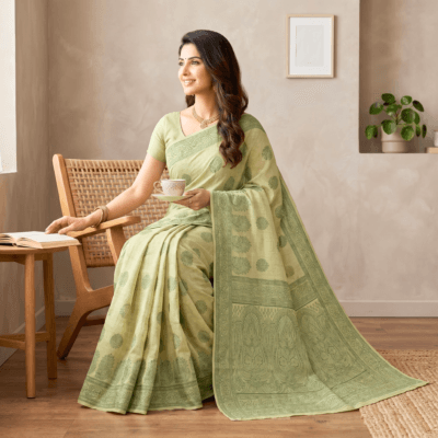 Cotton Bouquet Woven Saree — Lime Green
