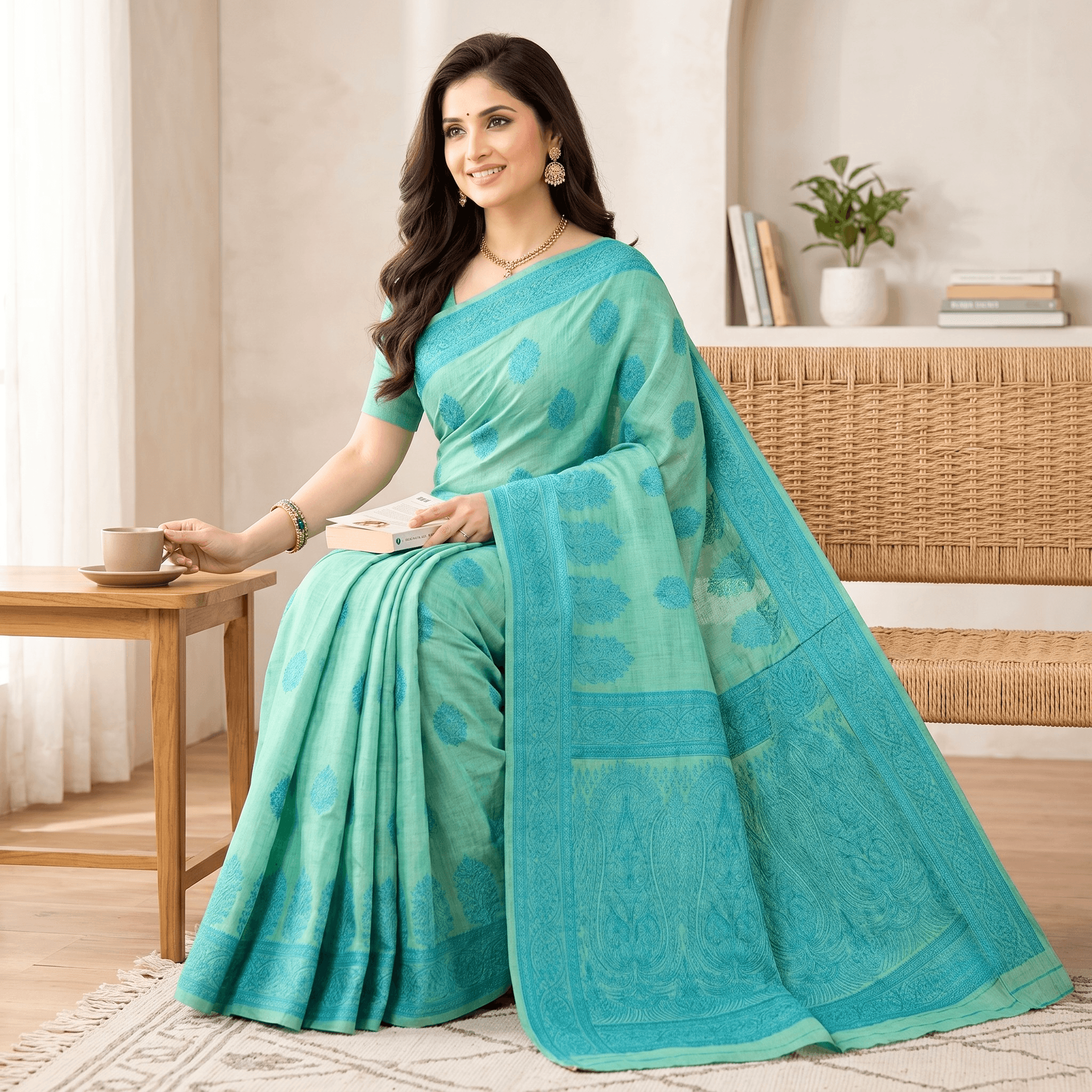Cotton Bouquet Woven Saree — Mint Green