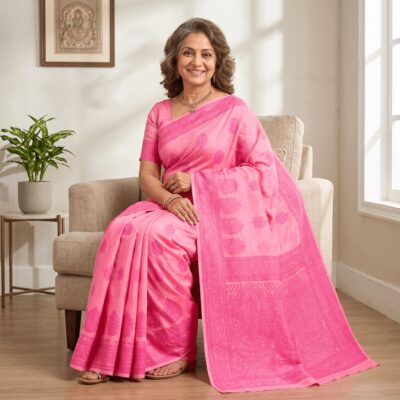 Cotton Bouquet Woven Saree — Pink