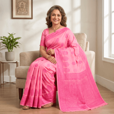 Cotton Bouquet Woven Saree — Pink