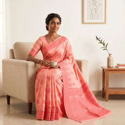 Cotton Bouquet Woven Saree — Peach