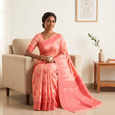 Cotton Bouquet Woven Saree — Peach