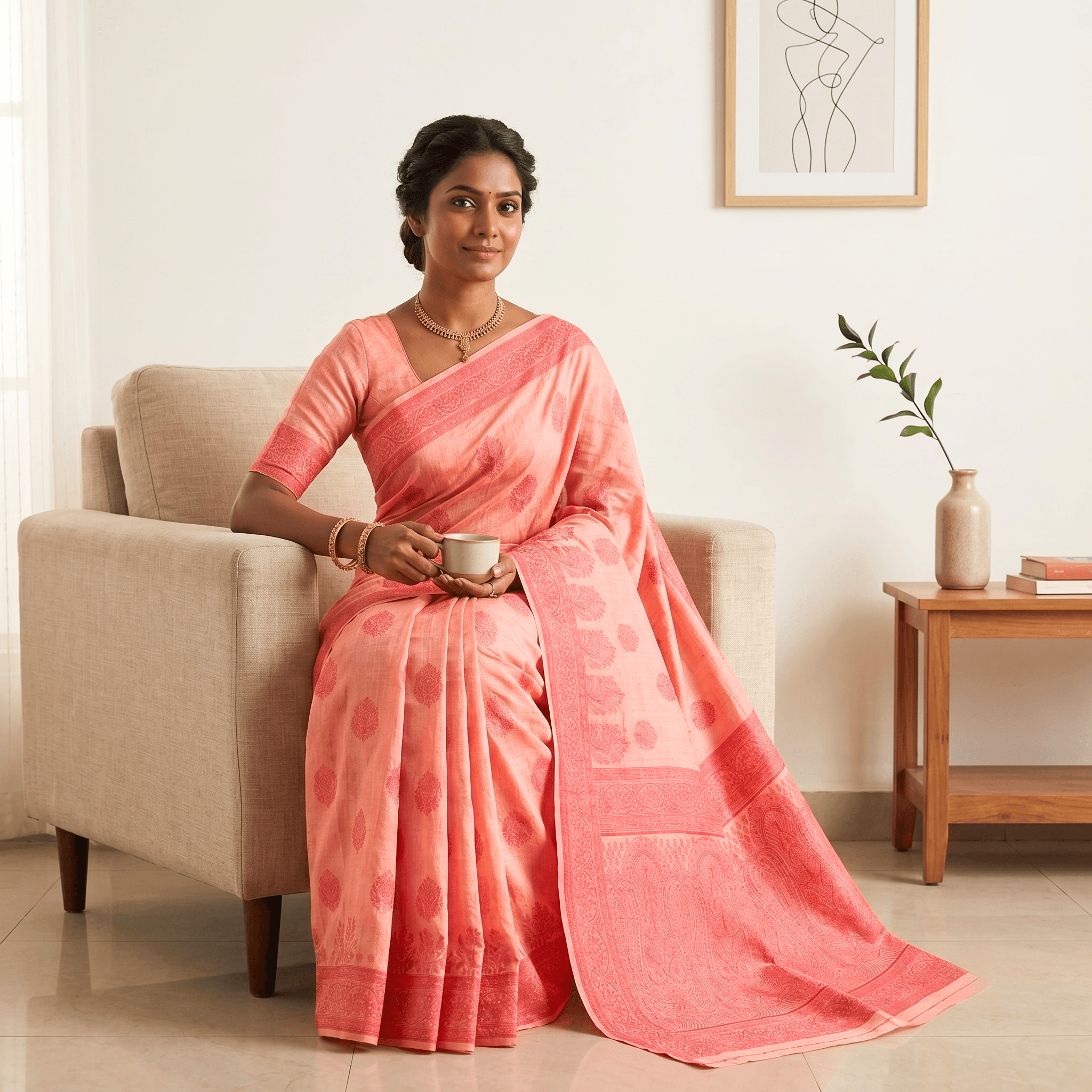 Cotton Bouquet Woven Saree — Peach