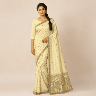 Cotton Kalamkari Woven Saree — Beige — Daftar — flat lay
