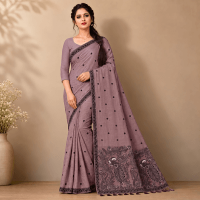 Cotton Kalamkari Woven Saree — Purple — Daftar — flat lay