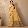 Cotton Kalamkari Woven Saree — Yellow — Daftar — flat lay