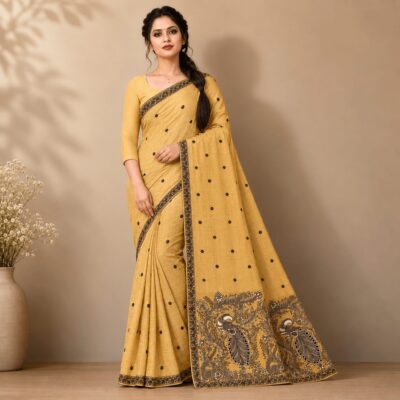Cotton Kalamkari Woven Saree — Yellow — Daftar — flat lay