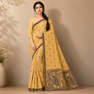 Cotton Kalamkari Woven Saree — Yellow — Daftar — flat lay