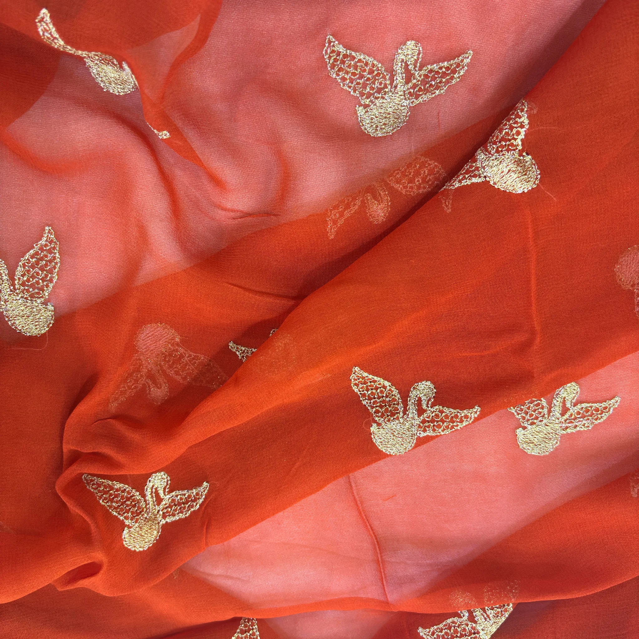 Viscose Georgette Hans Embroidered Saree — Rust Orange - Image 2