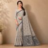 Cotton Kalamkari Woven Saree — Grey — Daftar — flat lay