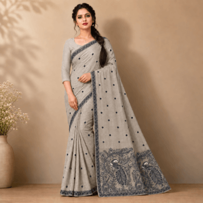 Cotton Kalamkari Woven Saree — Grey — Daftar — flat lay