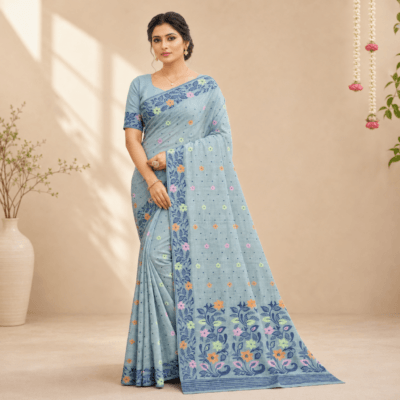 Cotton Jamdani Woven Saree — Ice Blue — Tyohar — flat lay